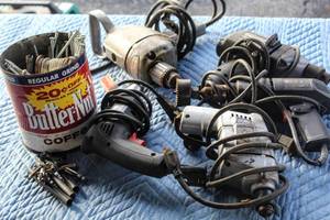 lot 1670 image: (5) Power Tools including Dayton Power Tools, SKIL, Sears Craftsman, Coffee Can Full of Nails and Various Hardware