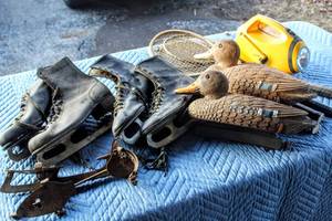 lot 2259 image: Flambeau Duck Decoys, Vintage and Antique Ice Skates, Freeplay Self Powered Energy Light and more