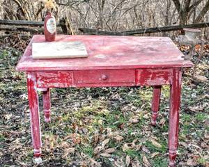 lot 24 image: Awesome Old Barn Red Farm Table with Front Drawer, Universal Grinder and Old Butcherblock Cutting Board