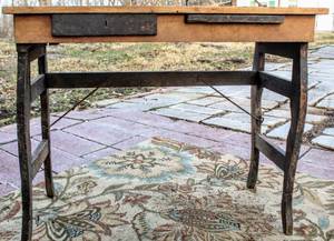 lot 27 image: Rustic Antique Wooden Collapsible Farm Table with Small Drawer and Pull out Shelf