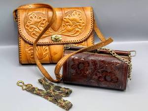 lot 1637 image: (2) Tooled Leather Floral Embossed Vintage Purses Handbags Made in Mexico  Vtg Beaded Belt