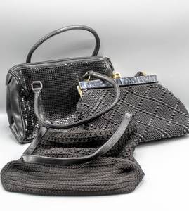 lot 1638 image: (3) Black Vintage Purses Handbags - La Regale Beaded Evening Purse Bag, Crochet Bag and Satchel