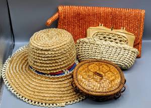 lot 1640 image: Made in Italy Vintage Straw Hat, (2) Vintage Wicker Woven Handbags  (1) Crab Theme Woven Sewing Trinket Container Basket