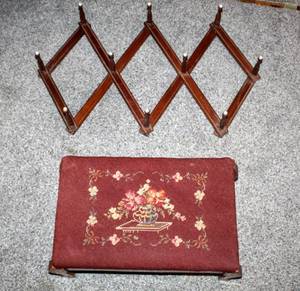 lot 1592 image: Vintage Needlepoint Upholstered Step-stool and 10 Point  Accordian Style Wall Hanger Hooks