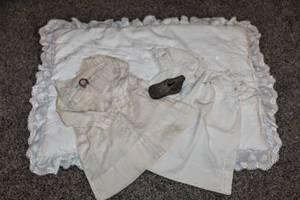 lot 1644 image: VintageAntique (2) White Gowns with Crochet & Hand Embroidery, 27 x 19 White Eyelet Baby Blanket  (1) Baby Shoe
