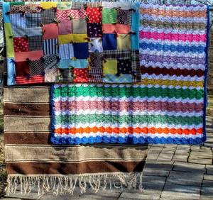 lot 1657 image: (3) Piece Lot - Lap Quilt 32 x 32, Colorful Afghan Blanket 60 x 38  BrownWhite Stripe Wool Horse Blanket