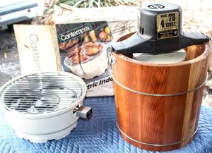 lot 1675 image: Ice Cream Freezer Maker 4 QT Model 78 by Richmond Cedar Works  Contempra Electric Indoor Grill