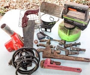lot 1676 image: Vintage Tool Lot - Propane Insect Fogger, Dayton Heat Gun, 10 Pittsburgh & 14 Ridgid Wrenches, Variety of nozzles  much more