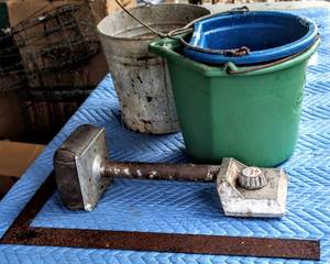 lot 1679 image: Farm Lot - (2) Feed Buckets, (1) Steel Bucket Pail  Taylor Knee Kicker