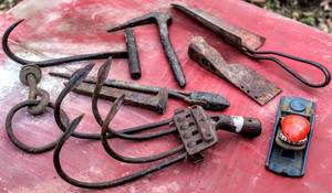 lot 1682 image: Antique Primitive Farm Tools - Iron Hay Bale Hook, Iron Claw Hook, Nails  more unique items