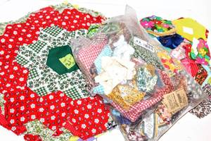 lot 1646 image: Pre-Cut Quilting Hexagon Pieces,Over (100) Hexagon Cut Pieces, Sewn (18) Hexagon Patterns, (6) Sunbonnet Sues, Bag of Remnant Pieces