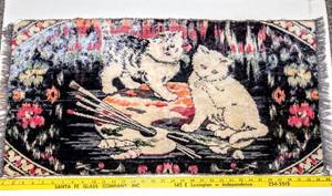 lot 1651 image: (3) Vintage Tapestries and (3) Vintage Needlepoint Art- Vintage Cat Kittens Playing in Paint Velvet Wall Hanging Tapestry Rug - 39.5 x 19 (2) Vintage 19 x 19 French Tapestry Patterns with Tags 12x 14 and 6 x 10 Needlepoint Art