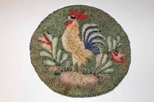 lot 1652 image: (7) Vintage Round Wool Hooked, Hand Needlepoint, Hand Stitched RugSeatStoolCover