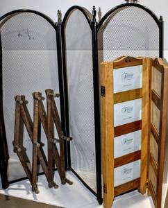 lot 1662 image: Fireplace Screen 4 Panel Ornate Wrought Iron Black, New Tabletop Memories (12) 4x6 Picture Frames, Vintage Wooden Accordion Wall Peg Rack