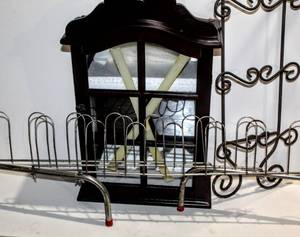 lot 1690 image: New Mahogany Wall Display Cabinet, 36 Black Iron Metal Decorative Frame Plate Display Rack, (9) Pair Vintage Metal Collapsible Shoe Rack