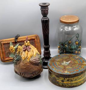 lot 1694 image: Vintage Hostess Fruit Cake Tin Continental Baking Company, Rooster Decor, Alabama Wall Art, Metal Wood Look Candle Stick, Gallon Jar and Lid with Lights