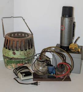 lot 1705 image: Vintage Coleman Camping Heater, Aladdin Thermos, WEIS Industrial Storage Box, Silent Beaker Set, Realistic Telcom Set
