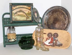 lot 1696 image: Green Wicker Woven Wall Counter Shelf, Modello Depositato Glass Boot Decanter, Hand Painted Wood Bowl and more