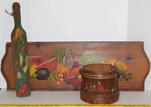 lot 1697 image: Vintage Wooden Decor Lot 36 Wall Art Hand Painted Garden, Wall Paddle Hand Painted and Wooden Bucket Pail Biscuit Jar