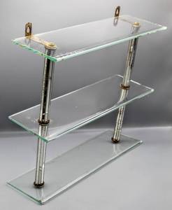 lot 1691 image: Mid-Century (3) Shelf Wall Glass Display and Amber Decanter and Glass Bar Set