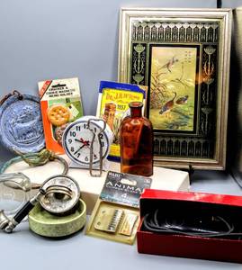 lot 1699 image: Vintage George Nathan Framed Art No. 8874, 1957 Farmers Almanac, Wyeth and Bro. Bottle, Whal, Budweiser and more