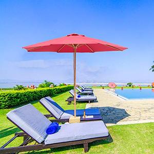 lot 6022 image: SUNBRANO 9ft Bamboo Outdoor Patio Umbrella Market Backyard Table Umbrella Pulley Lift, 8 Ribs, Red