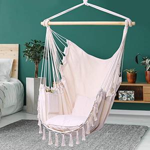 lot 6023 image: Y-STOP Hammock Chair Hanging Rope Swing, Max 330 Lbs, 2 Cushions Included, Large Macrame Hanging Chair with Pocket, Quality Cotton Weave for Superior Comfort, Durability, Beige