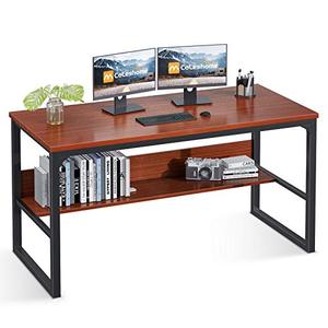 lot 6089 image: Coleshome Computer Desk with Bookshelf, 47 Office Desk with Storage, Super Sturdy Writing Desk for Home Office, Teak