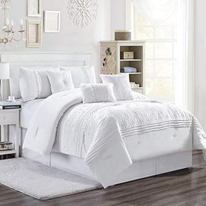 lot 6197 image: Chezmoi Collection Grace 7-Piece White Floral Chenille Embroidered Pleated Striped Comforter Set, Queen