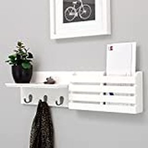 lot 6211 image: kieragrace Sydney Wall Shelf and Mail Holder with 3 Hooks, 24-Inch by 6-Inch, White