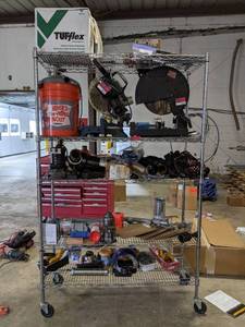 lot 8911 image: Shelving With All Contents (Saws And Air Filters Not Included)
