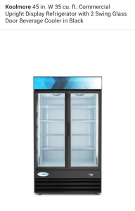 lot 5 image: Commercial Upright Display Refrigerator with 2 Swing Glass Door Beverage Cooler in Black(Left Door Glass is Broken Inside)