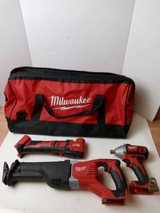 lot 34 image: Milwaukee tool kit set of 3 includes Sawszall NO BATTERIES INCLUDED