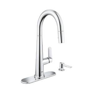 lot 40 image: GROHE Veletto Single-Handle Pull-Down Sprayer Kitchen Faucet with Soap Dispenser in StarLight Chrome