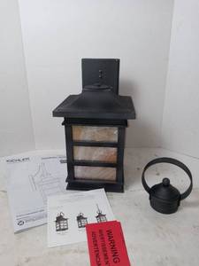 lot 186 image: Kichler Outdoor Wall Lantern, 1479174 Weathered Zinc Finish Clear Seeded Glass, Missing Mounting Bracket, Decorative Scroll and Hardware
