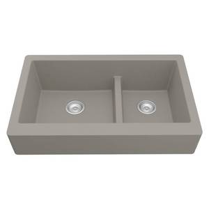 lot 18708 image: Karran Retrofit FarmhouseApron-Front Quartz Composite 34 in. Double Offset Bowl Kitchen Sink in Concrete