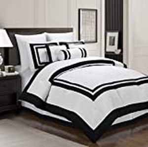 lot 18872 image: Chezmoi Collection 7-Piece Caprice White with Black Square Pattern Hotel Comforter Set, Queen