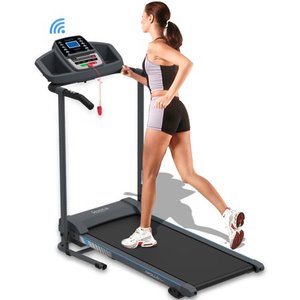lot 8490 image: SereneLife Electric Folding Treadmill Exercise Machine - Smart Compact Digital Fitness Treadmill Workout Trainer wBluetooth App Sync, Manual Incline Adjustment, for Walking, Running, Gym SLFTRD20