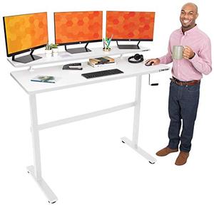 lot 8492 image: Stand Steady Tranzendesk 55 in Standing Desk wClamp On Shelf  Easy Crank Height Adjustable Stand Up Workstation wAttachable Monitor Riser  Supports 3 Monitors & Adds Extra Desk Space (55White)