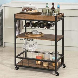 lot 8528 image: Haotian Bar Serving Cart Home Myra Rustic Mobile Kitchen Serving cart,Industrial Vintage Style Wood Metal Serving Trolley (Brown)