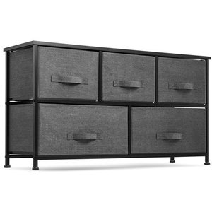 lot 8535 image: Wide 5 Drawer Dresser Storage Tower - Sturdy Steel Frame, Wood Top, Easy Pull Fabric Bins - Organizer Unit for Bedroom, Hallway, Entryway, Closets - Textured Print (BlackCharcoal)