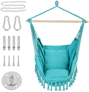 lot 8549 image: Patio Watcher Oversized Hammock Chair Hanging Rope Swing Seat with Cushion and Hardware Kit, Aqua Blue