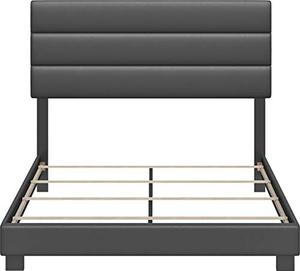 lot 8552 image: Boyd Sleep Montana Upholstered Platform Bed Frame Mattress Foundation with Tri-Panel Headboard and Strong Wood Slat Supports Faux Leather, Black, Queen