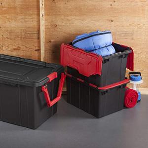 lot 2500 image: Sterilite 14619006 12 Gallon45 Liter Hinged Lid Industrial Tote, Racer Red Lid w Black Base, 4-Pack