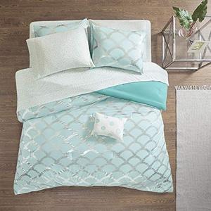 lot 2530 image: Intelligent Design Lorna Complete Bag Trendy Metallic Mermaid Scale Scallop Print Comforter with Polka Dots Sheet Set, Teen Bedding for Girls Bedroom, Queen, Aqua