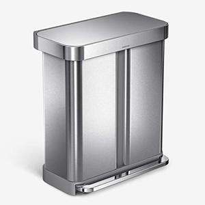 lot 2545 image: simplehuman 58 Liter Rectangular Hands-Free Dual Compartment Recycling Kitchen Step Trash Can with Soft-Close Lid, Brushed Stainless Steel. FOOT PART DOES NOT WORK.