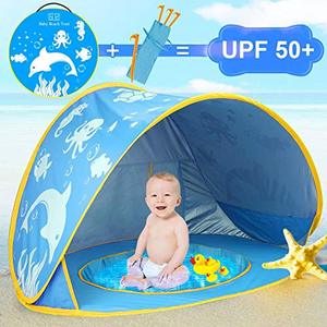 lot 2552 image: iGeeKid Baby Beach Tent Dolphin Pop Up Portable Sun Shelter Tent with Pool Childrens Beach Tent 50 UV Protection & Waterproof Shade Baby Pool Tent for Aged 0-4 (Blue)