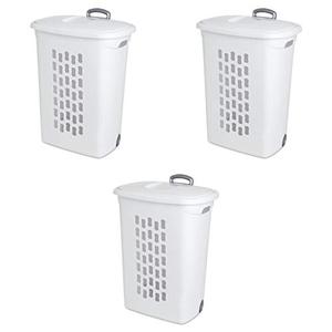 lot 2583 image: Sterilite 12228003 Ultra Wheeled Hamper, White Lid & Base w Plastic Handle & Wheels, 3-Pack. ALL 3 HAVE CRACKS.