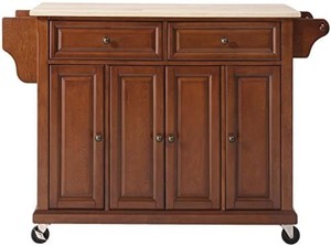 lot 2585 image: Crosley Furniture Full Size Kitchen Cart with Natural Wood Top, Cherry