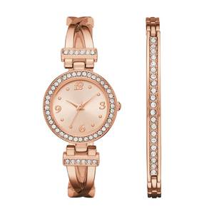 lot 29846 image: Geneva Womens Rose Gold-Tone T-Bar Bangle Watch Boxed Set